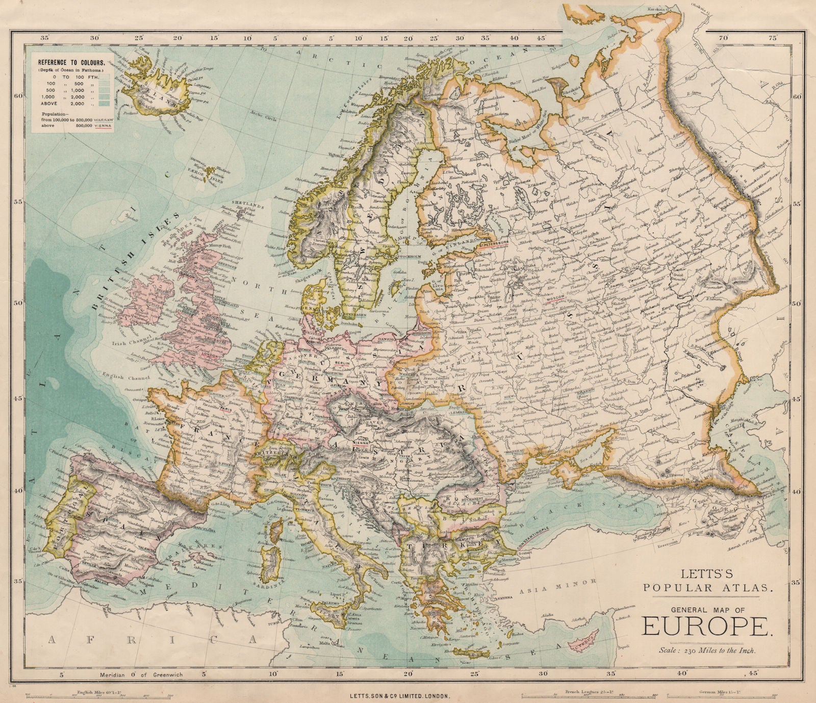 EUROPE Political map. Germany. Austria-Hungary. LETTS 1889 old antique